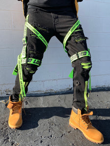 Jeans - Straps & Stones - Black & Fluorescent Green - LL111