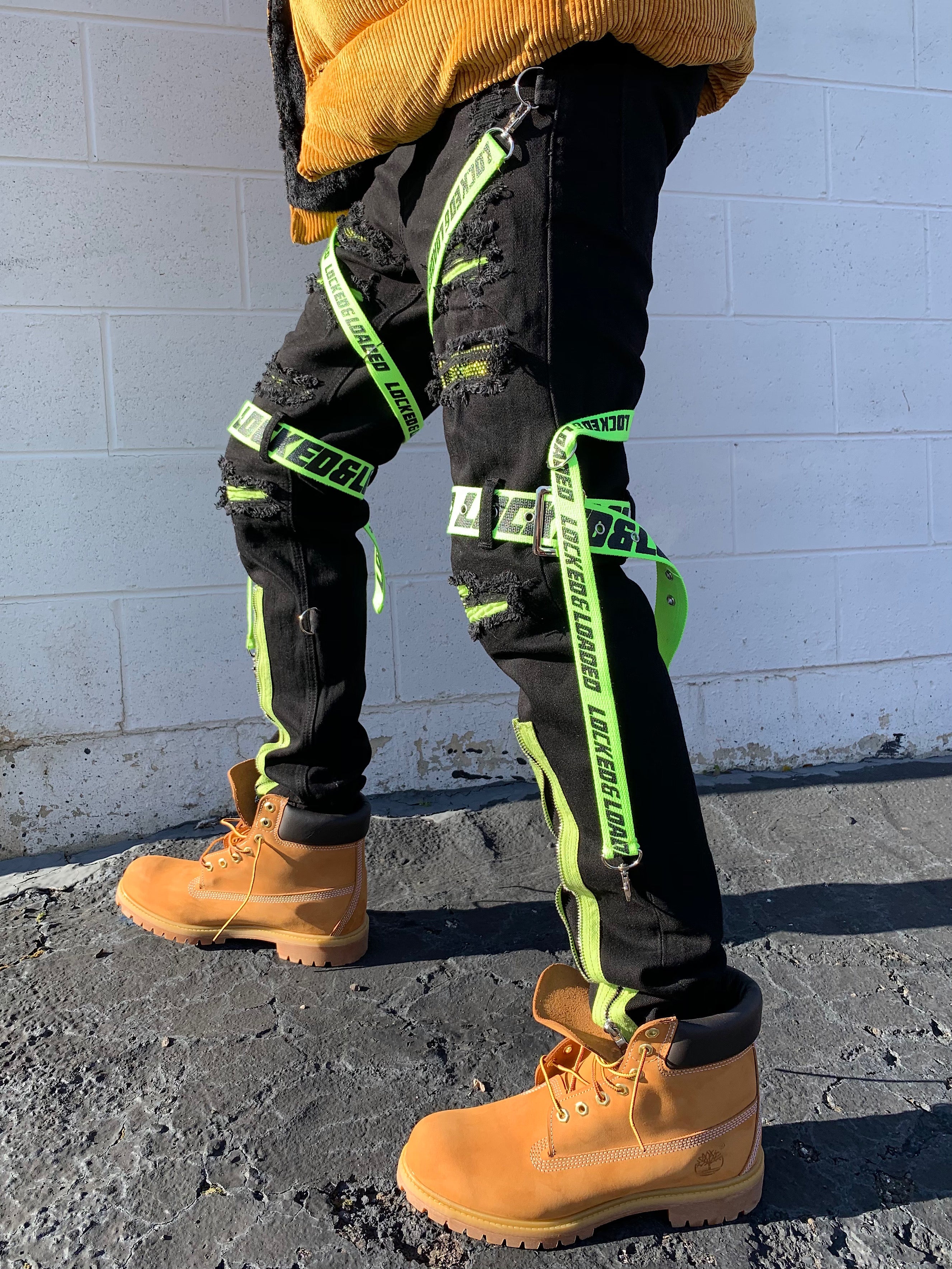 Jeans - Straps & Stones - Black & Fluorescent Green - LL111