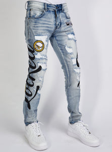 Jeans - Chain Stitch - Mid Blue and Black - LLCHSE1025253