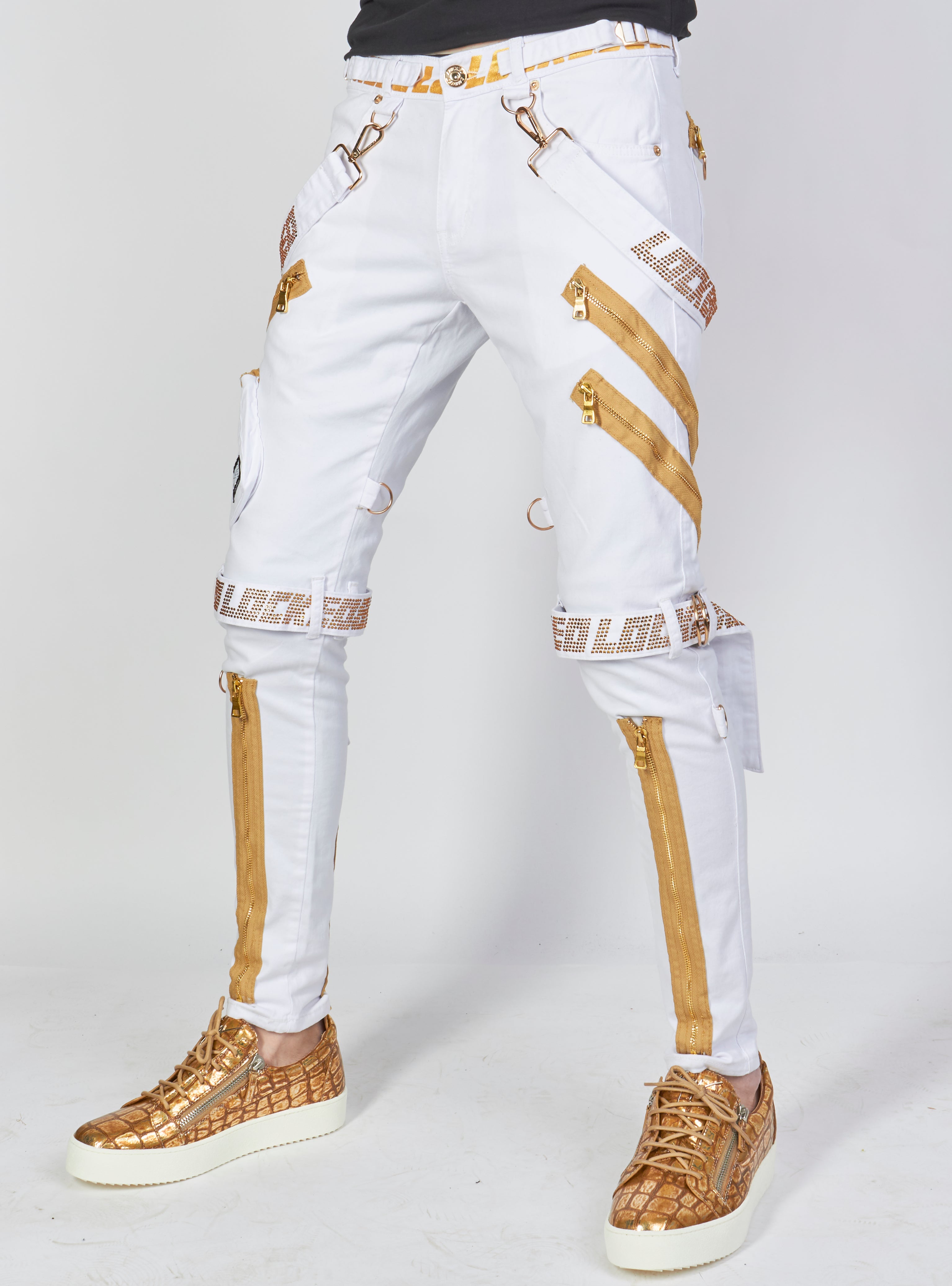 Jeans - Straps & Stones - White and Gold - LLTP115