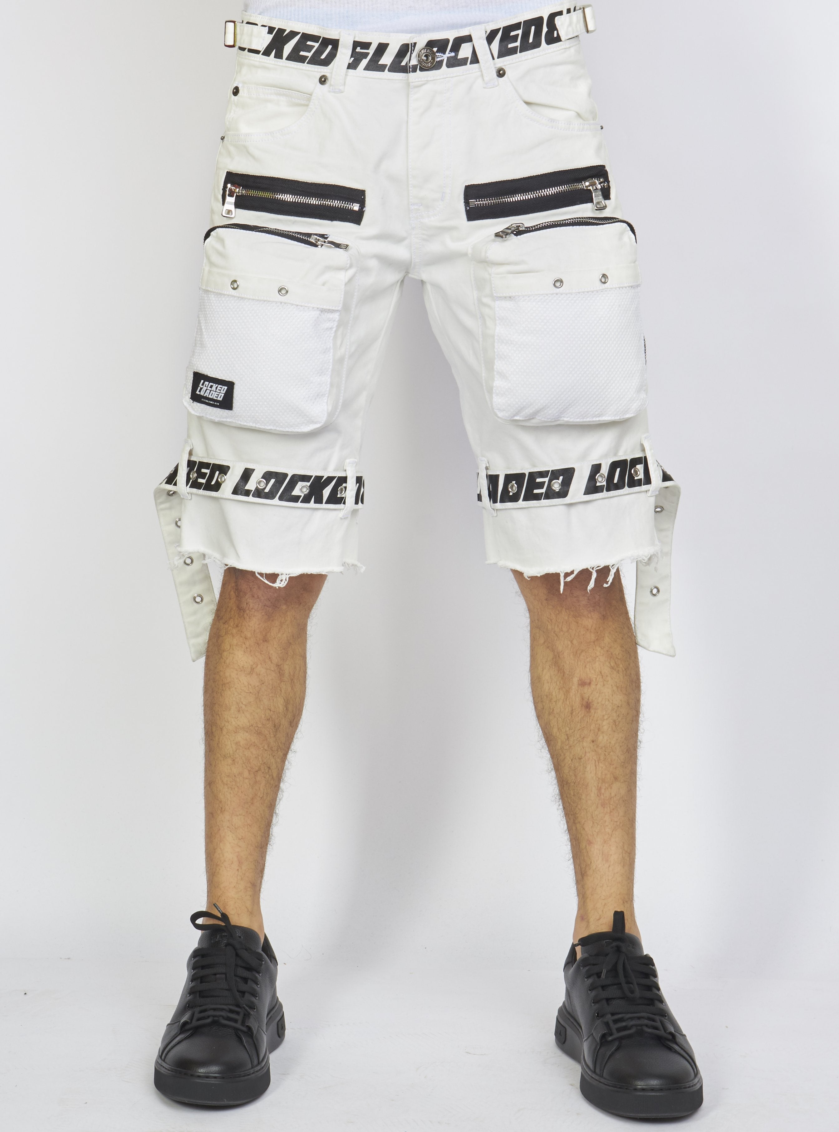 Shorts - White Cotton Twill - Featuring 3D Cargo Pockets - White / Black Print - LDS421102