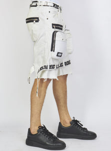 Shorts - White Cotton Twill - Featuring 3D Cargo Pockets - White / Black Print - LDS421102