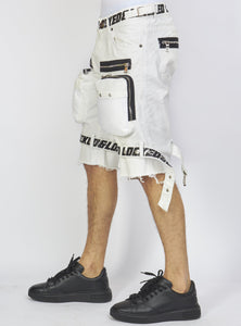 Shorts - White Cotton Twill - Featuring 3D Cargo Pockets - White / Black Print - LDS421102