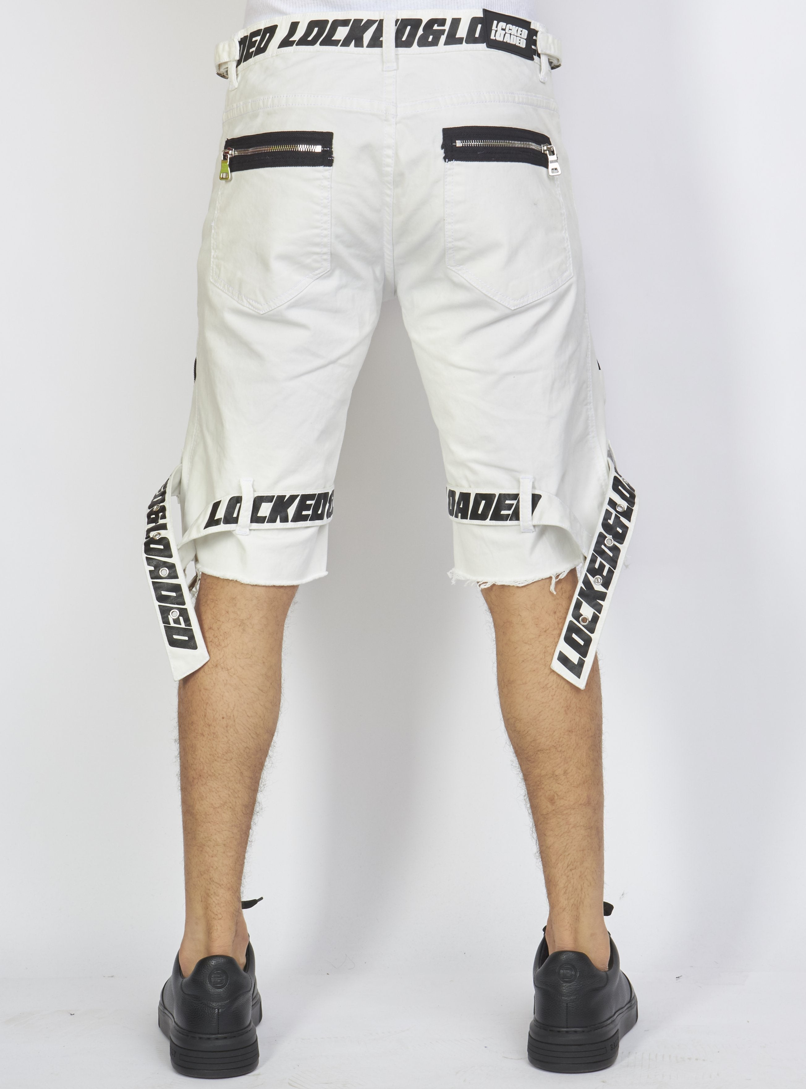 Shorts - White Cotton Twill - Featuring 3D Cargo Pockets - White / Black Print - LDS421102