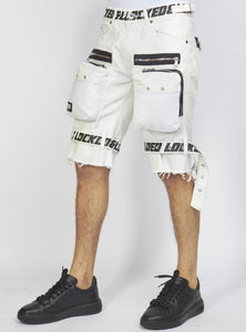 Shorts - White Cotton Twill - Featuring 3D Cargo Pockets - White / Black Print - LDS421102