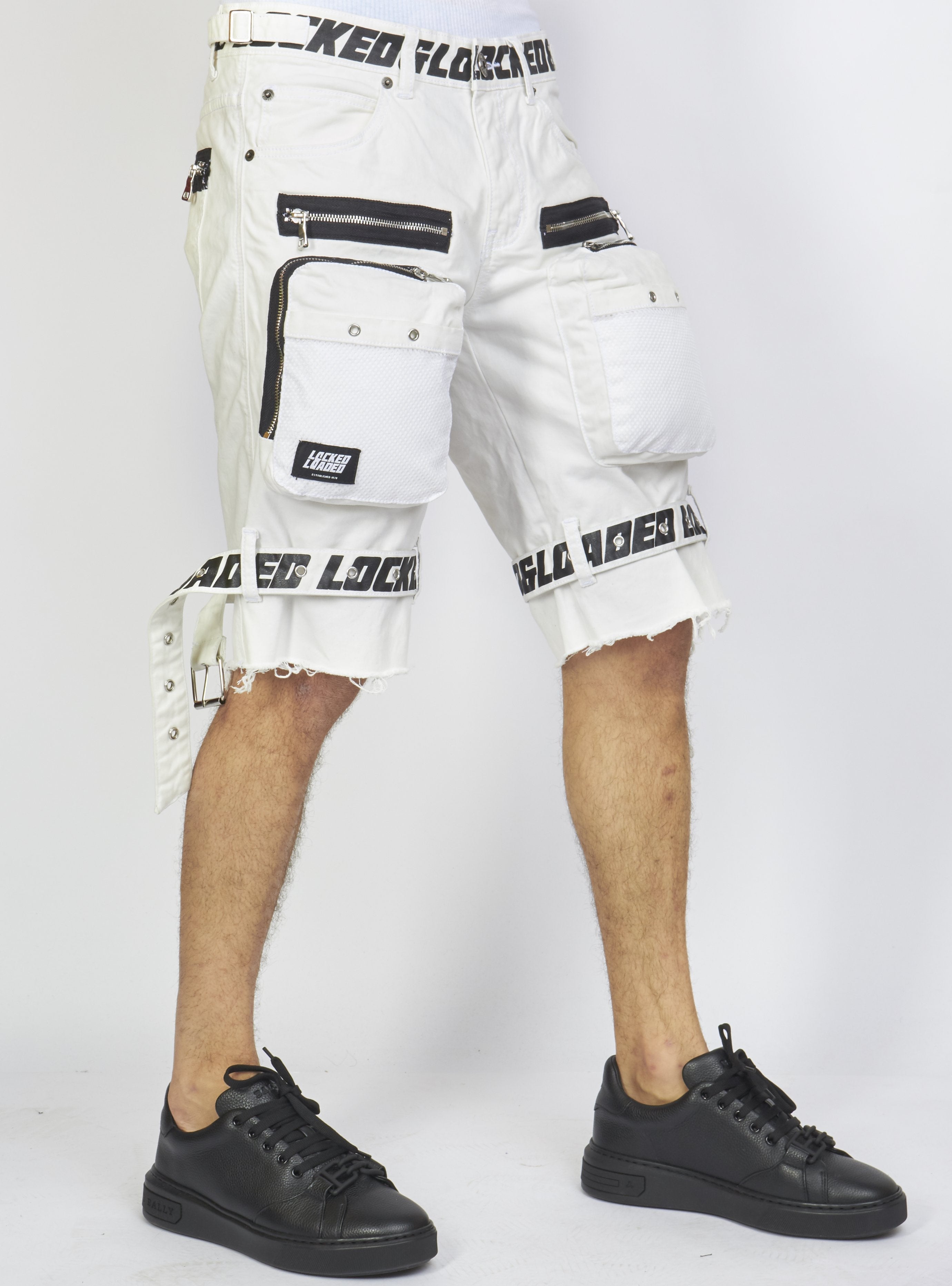 Shorts - White Cotton Twill - Featuring 3D Cargo Pockets - White / Black Print - LDS421102