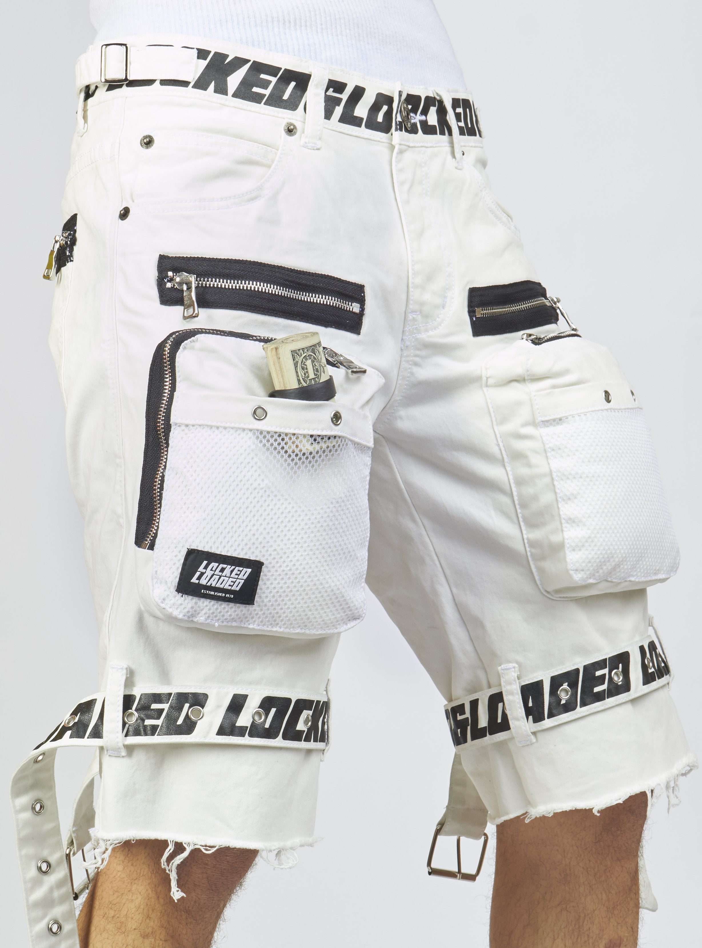 Shorts - White Cotton Twill - Featuring 3D Cargo Pockets - White / Black Print - LDS421102