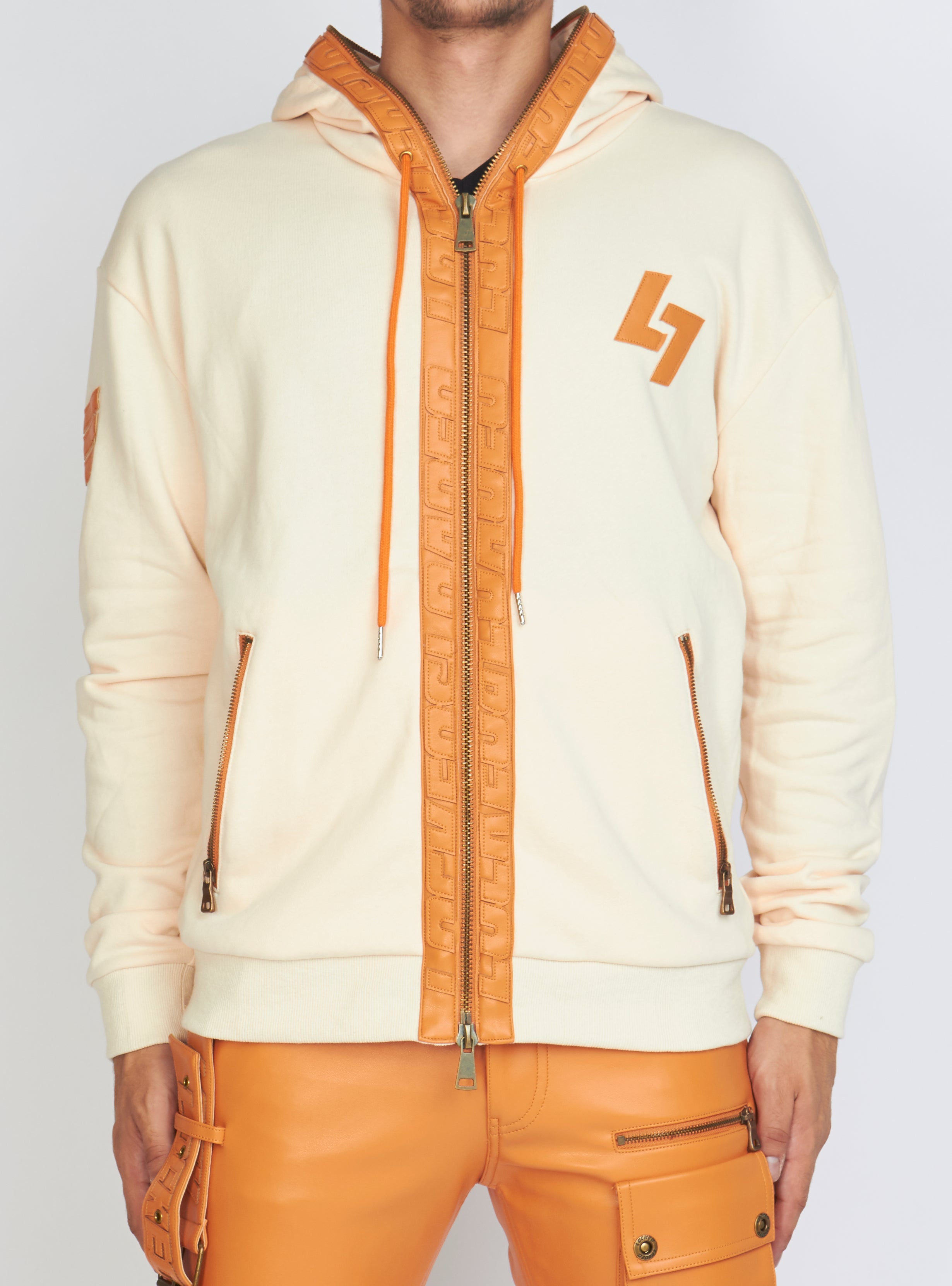 Hoodie - Leather - Bone and Orange - LLFZ1025505