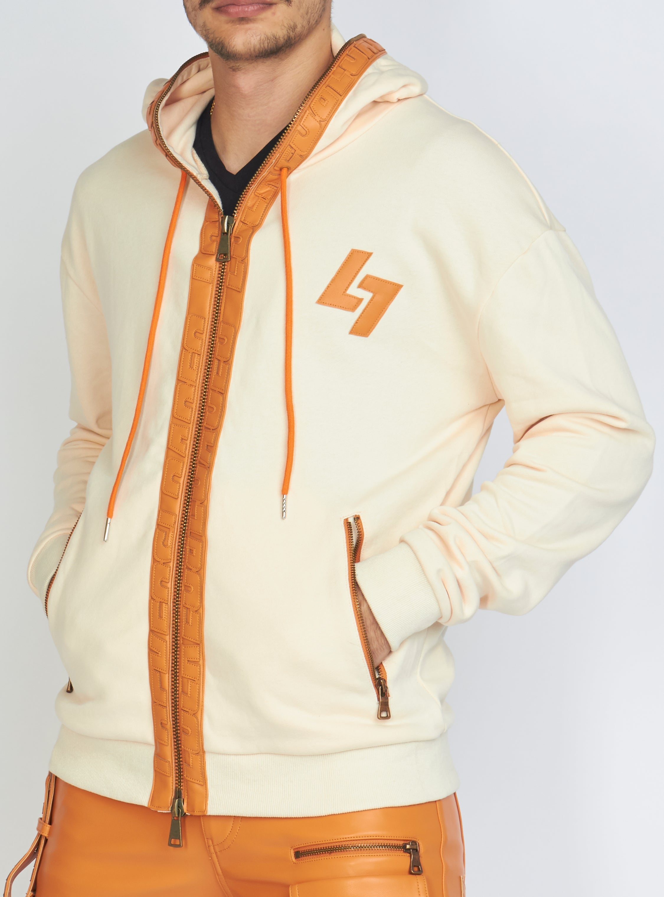 Hoodie - Leather - Bone and Orange - LLFZ1025505