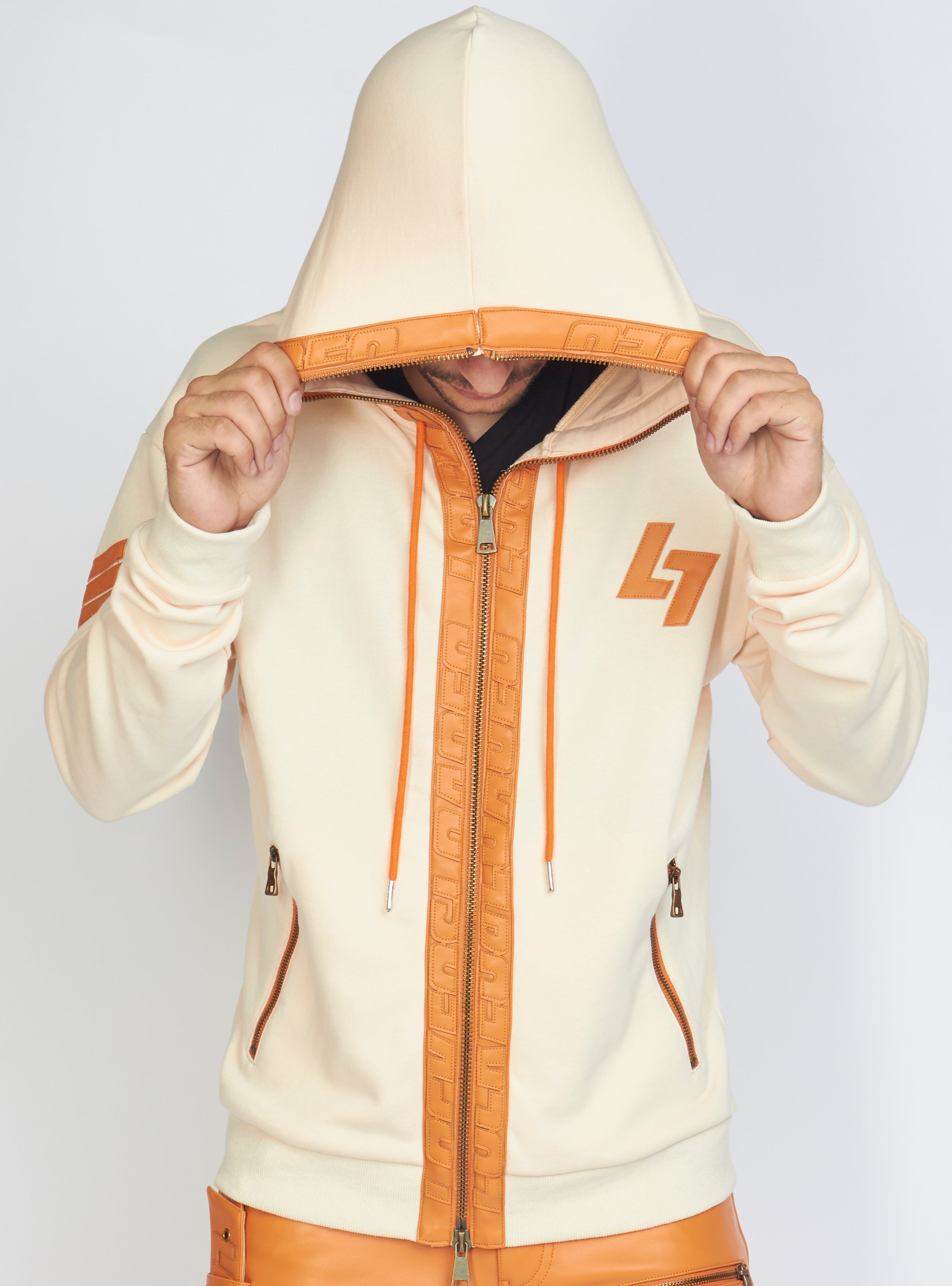 Hoodie - Leather - Bone and Orange - LLFZ1025505