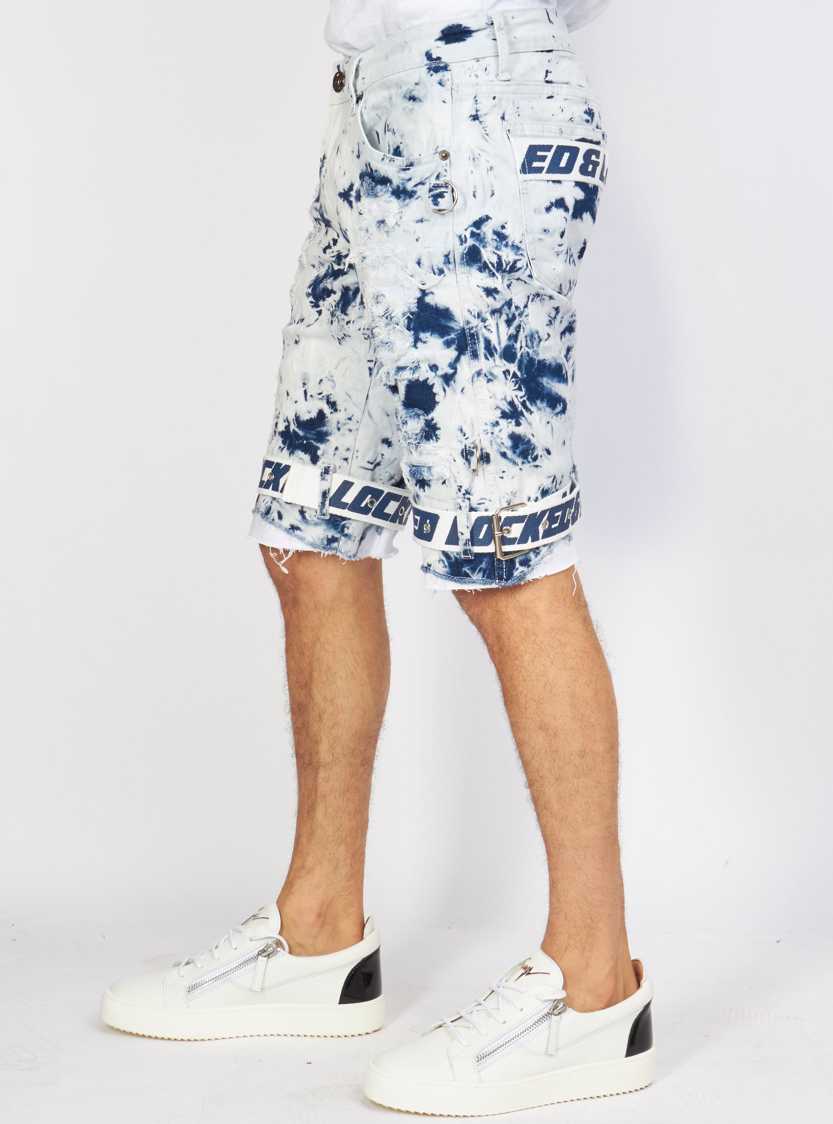 Shorts - Strapped Denim - Acid Wash with White and Blue - LDS421101