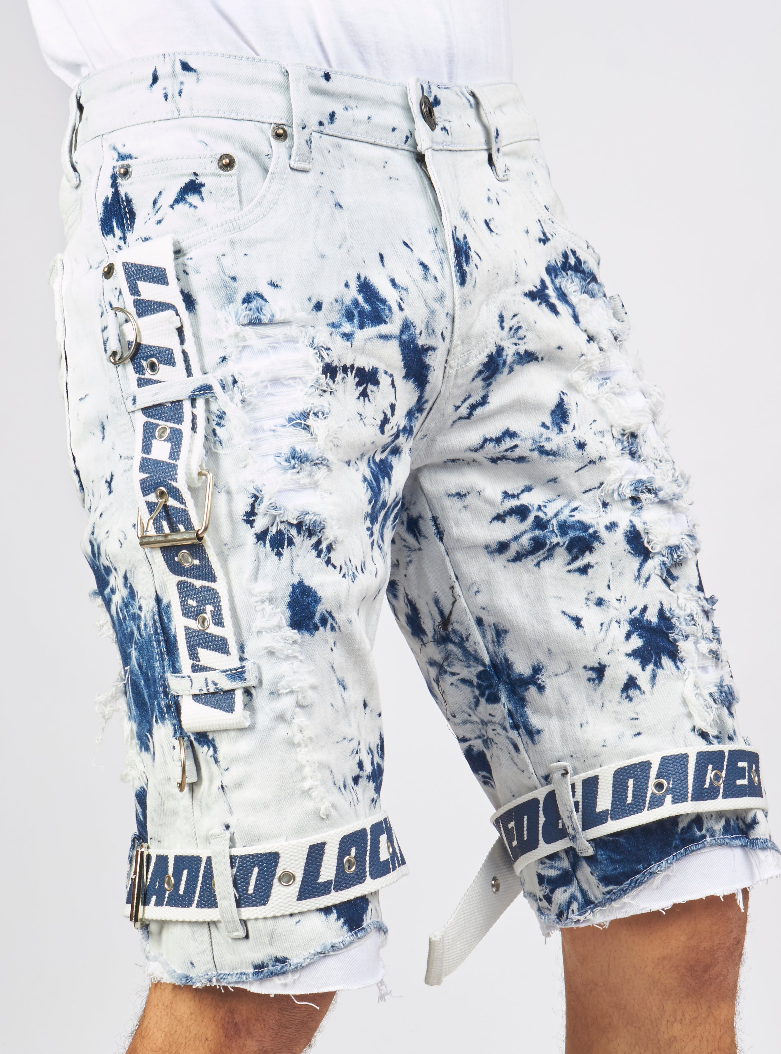 Shorts - Strapped Denim - Acid Wash with White and Blue - LDS421101