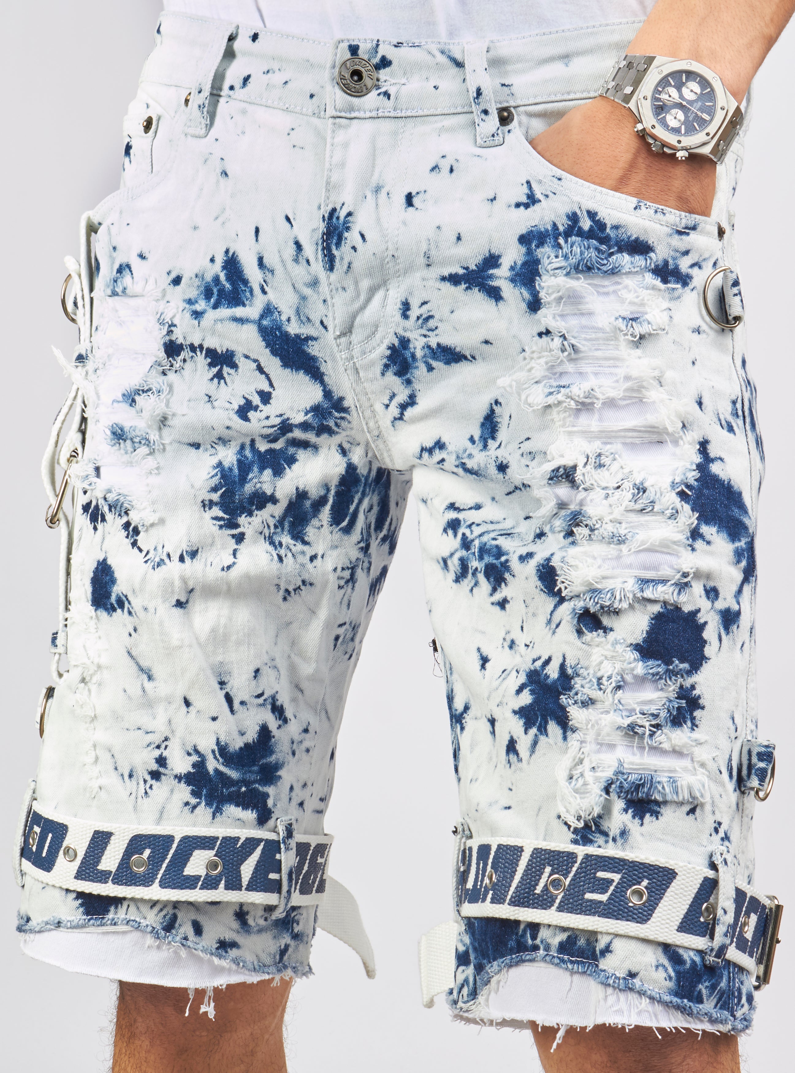 Shorts - Strapped Denim - Acid Wash with White and Blue - LDS421101