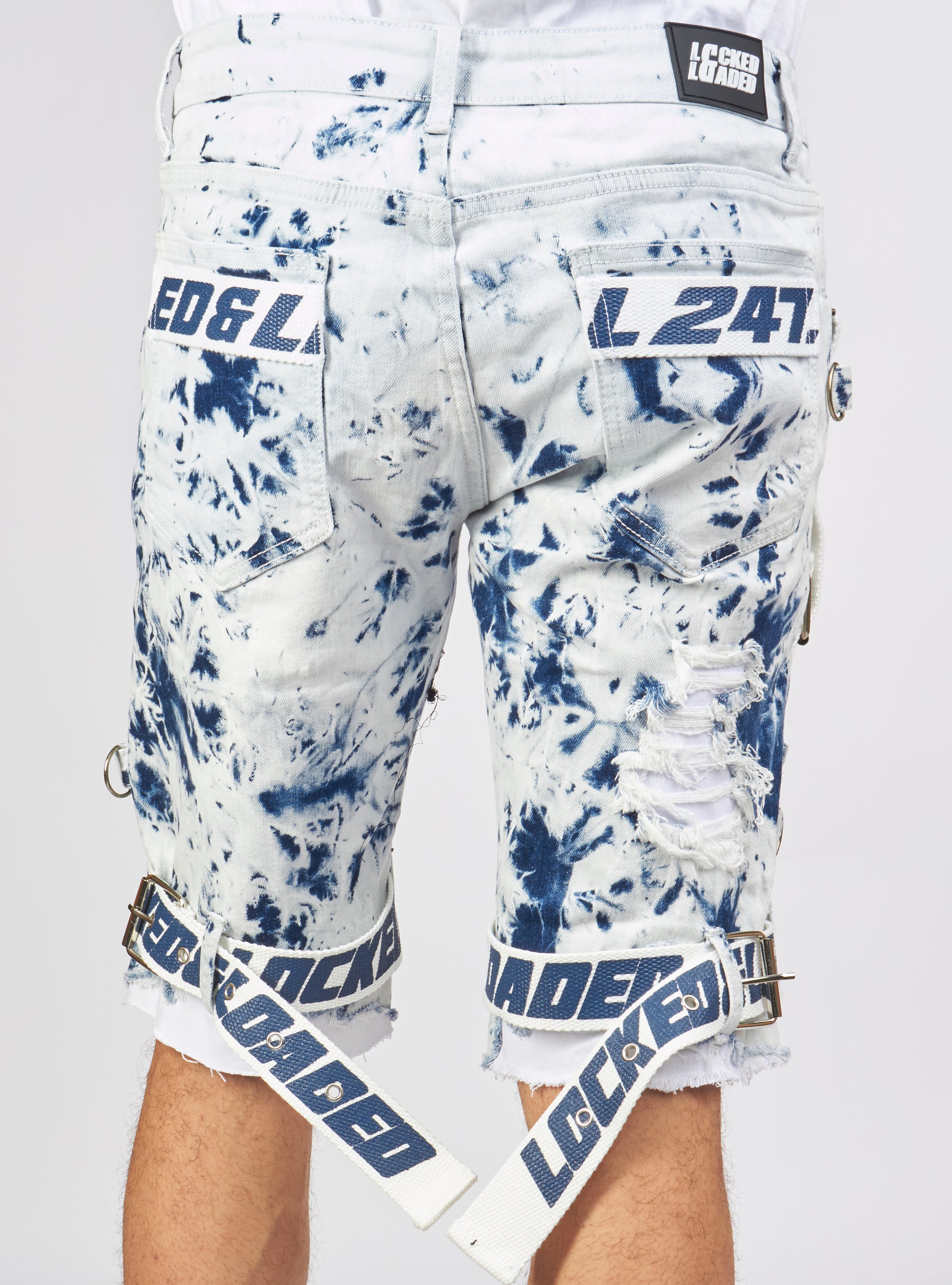 Shorts - Strapped Denim - Acid Wash with White and Blue - LDS421101