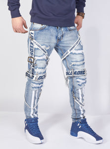 Jeans - Straps & Stones - Mid Blue with White and Navy