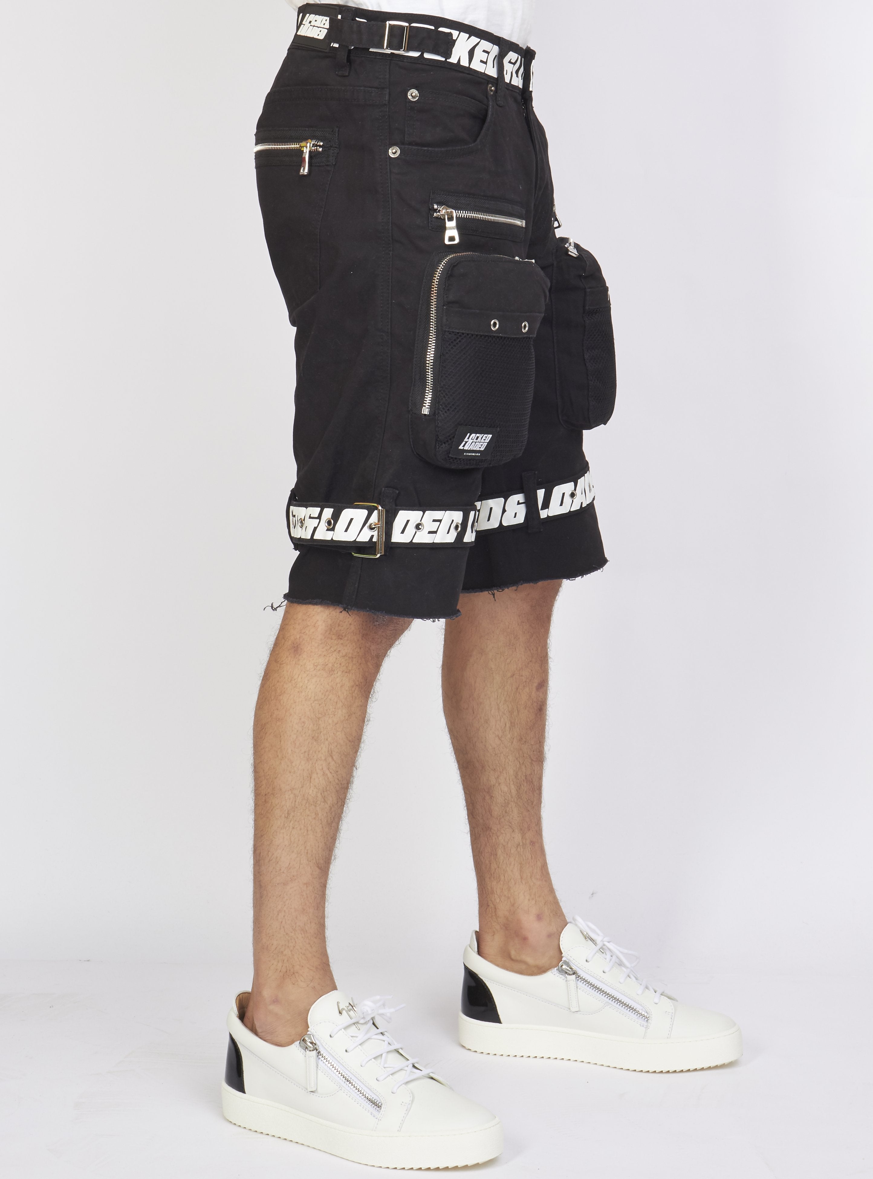 Shorts - Black Cotton Twill - Featuring 3D Cargo Pockets - Black / White Print - LDS421102