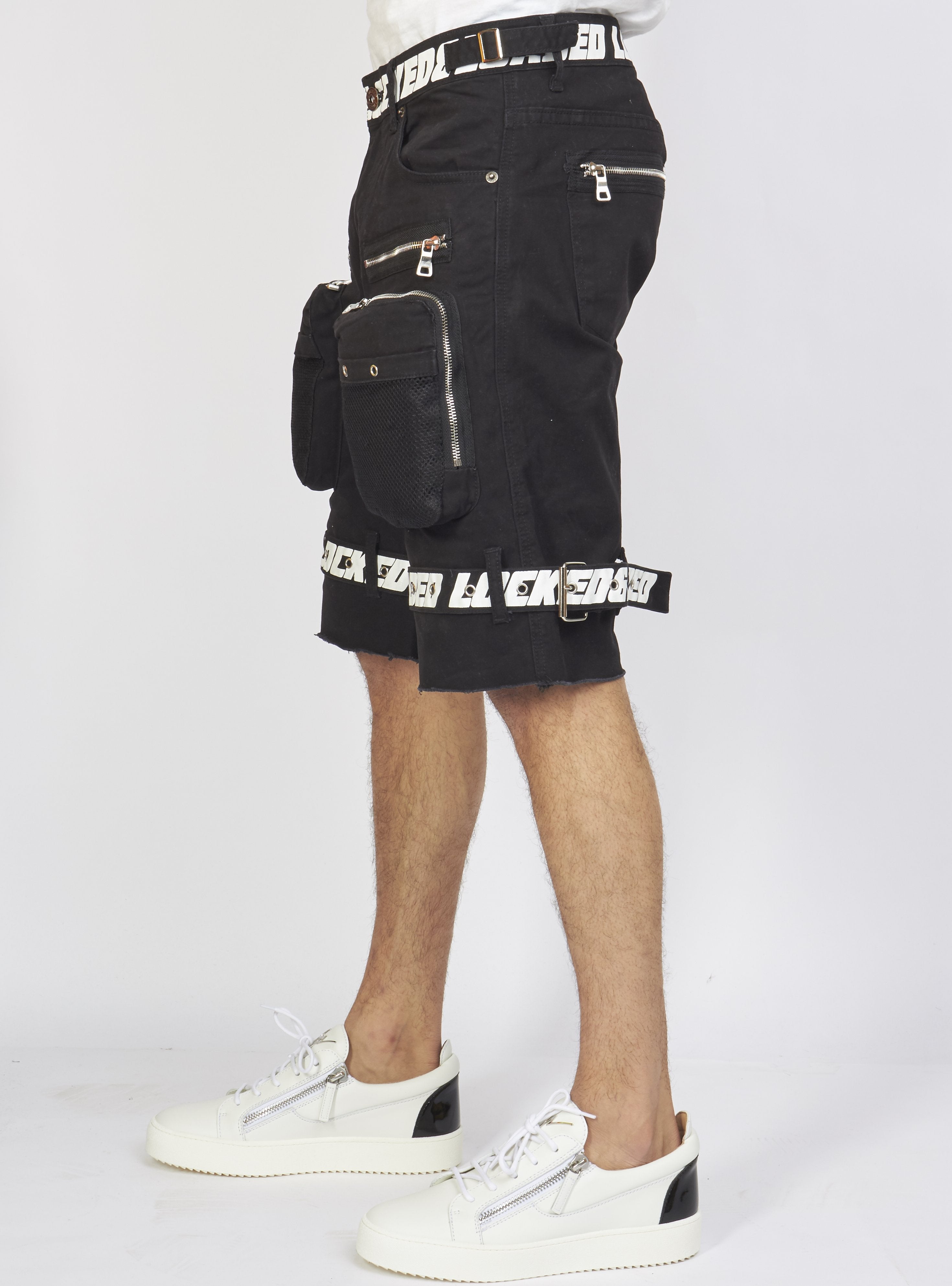 Shorts - Black Cotton Twill - Featuring 3D Cargo Pockets - Black / White Print - LDS421102