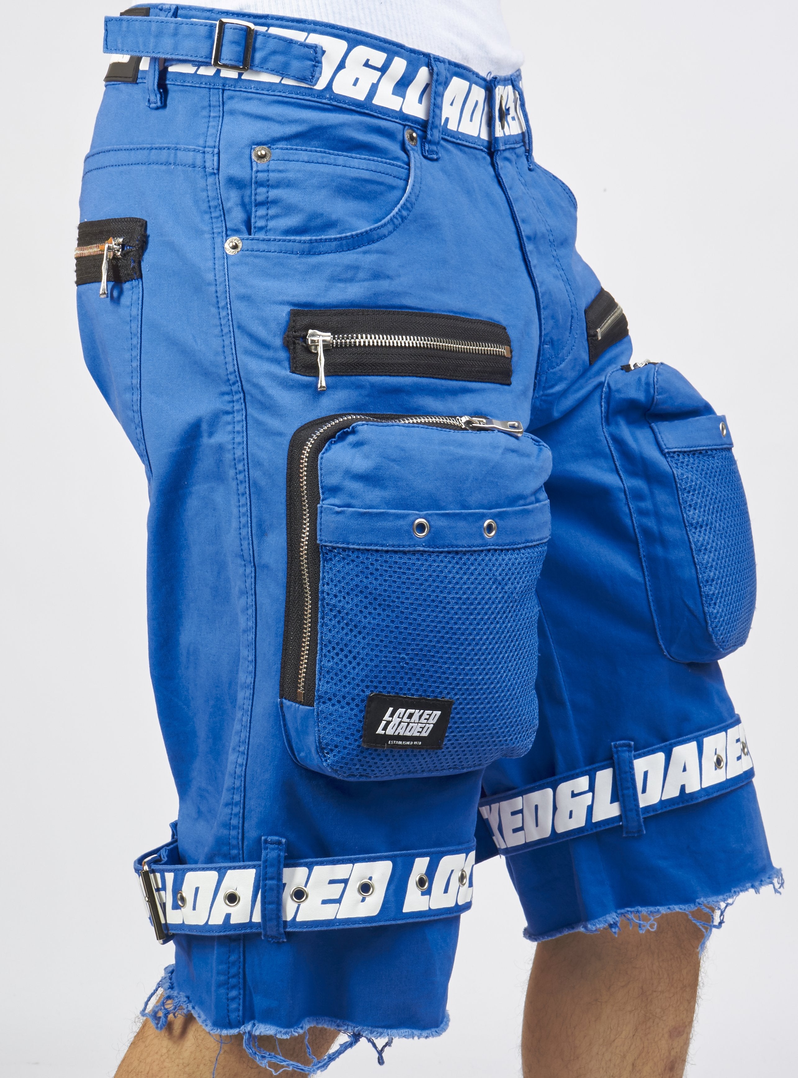 Shorts - Royal Blue Cotton Twill - Featuring 3D Cargo Pockets - Blue / White Print - LDS421102