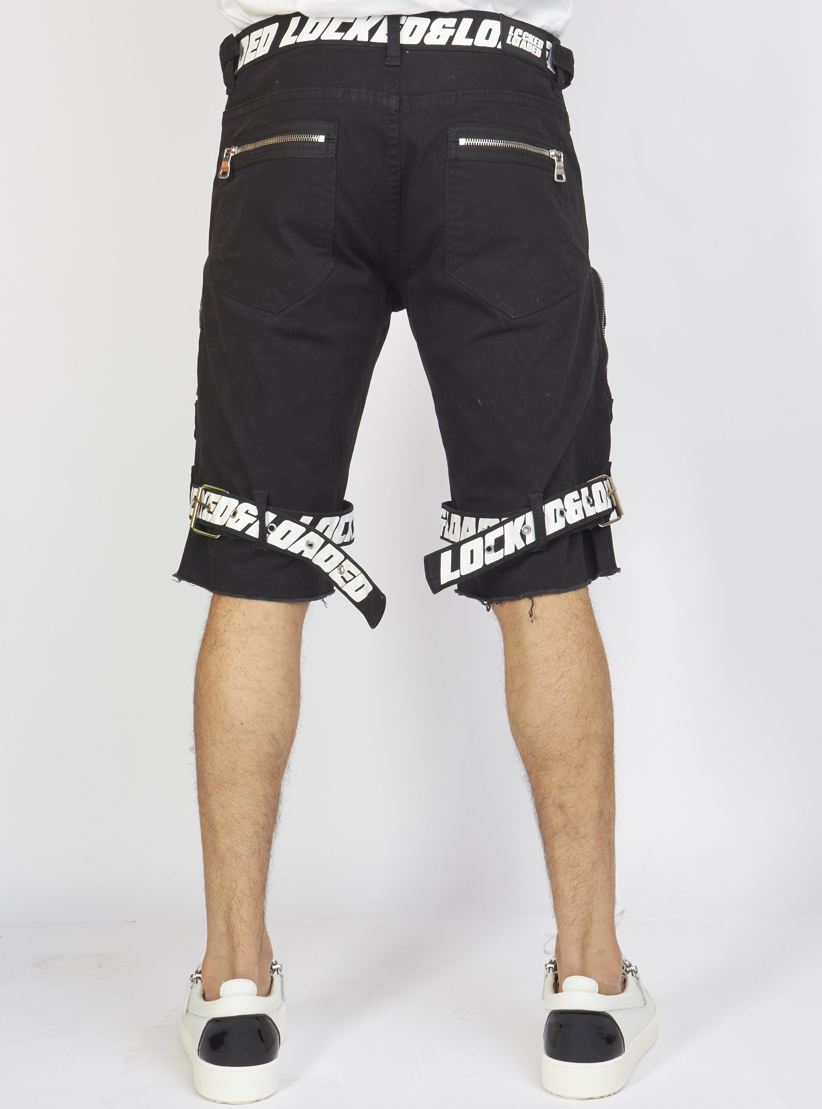 Shorts - Black Cotton Twill - Featuring 3D Cargo Pockets - Black / White Print - LDS421102