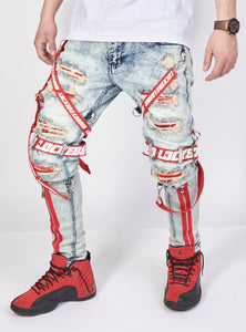 Jeans - Straps & Stones - Light Blue with Red and White