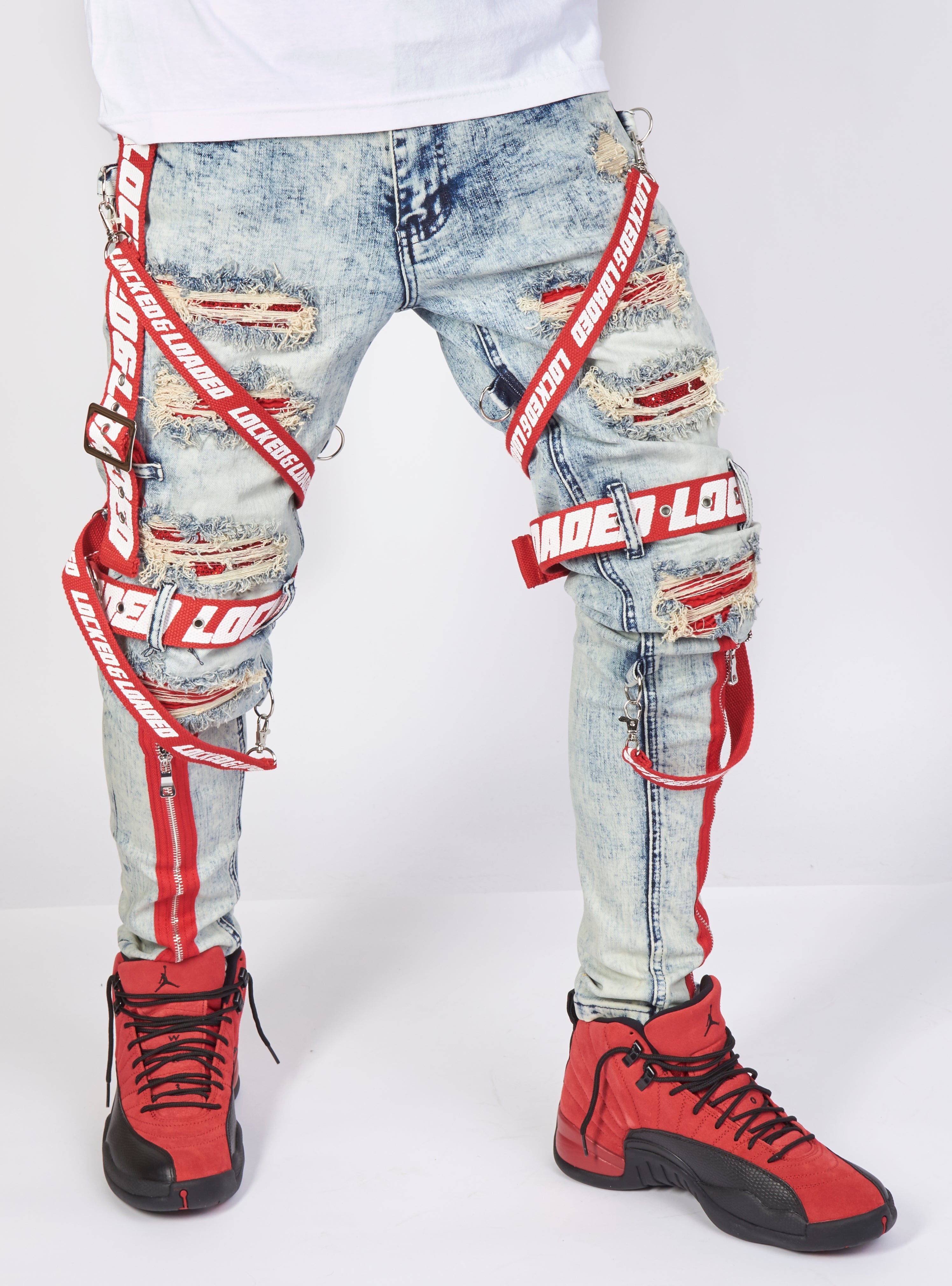 Jeans - Straps & Stones - Light Blue with Red and White