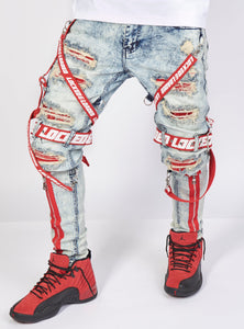 Jeans - Straps & Stones - Light Blue with Red and White