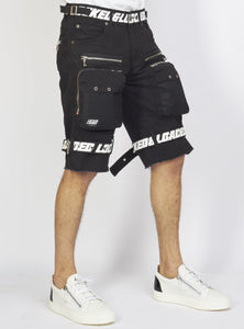 Shorts - Black Cotton Twill - Featuring 3D Cargo Pockets - Black / White Print - LDS421102