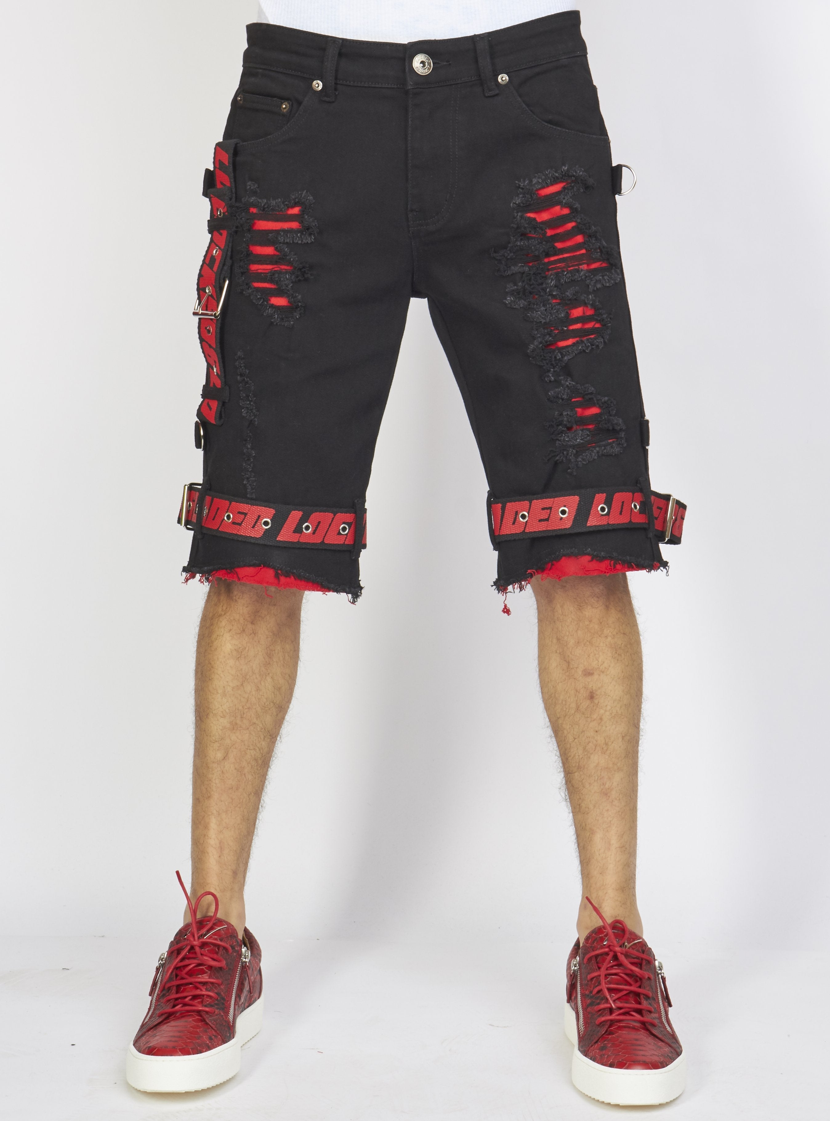 Shorts - Jet Black Denim With Red - Featuring Black / Red Straps - LDS421101