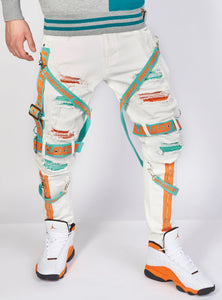 Jeans - Straps & Stones - White with Teal and Orange