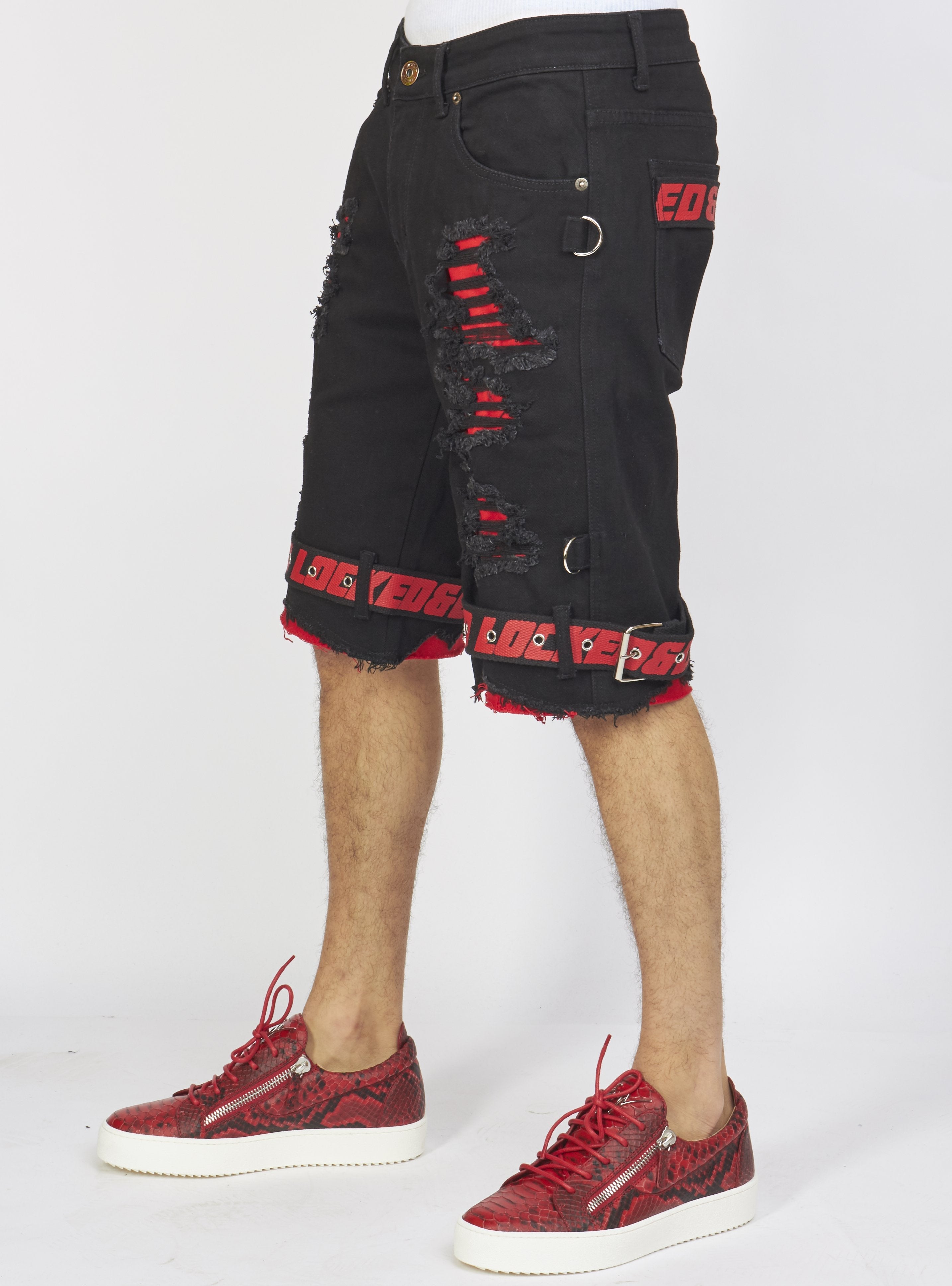 Shorts - Jet Black Denim With Red - Featuring Black / Red Straps - LDS421101