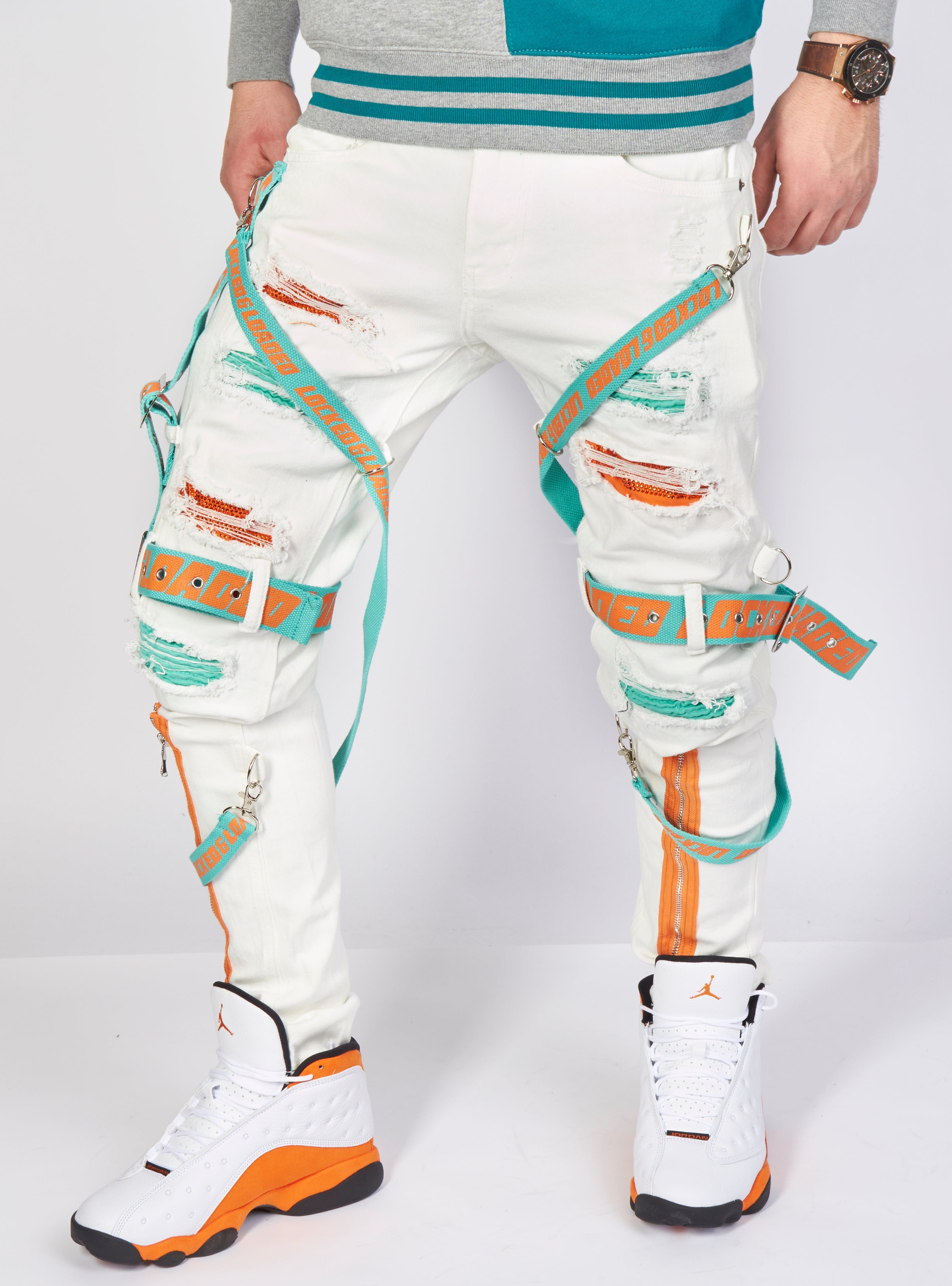 Jeans - Straps & Stones - White with Teal and Orange