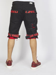 Shorts - Jet Black Denim With Red - Featuring Black / Red Straps - LDS421101