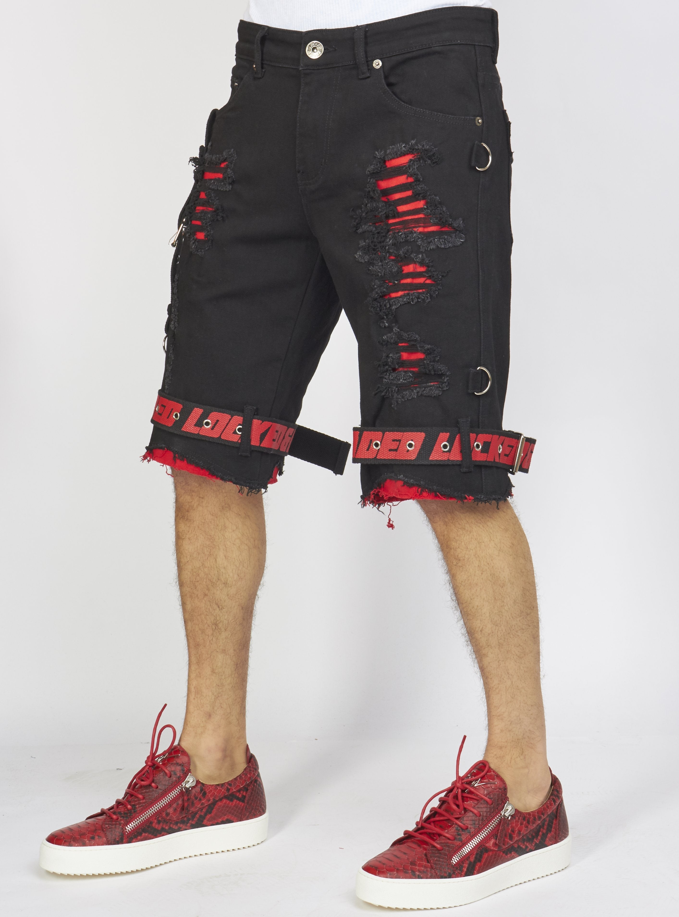 Shorts - Jet Black Denim With Red - Featuring Black / Red Straps - LDS421101