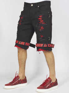 Shorts - Jet Black Denim With Red - Featuring Black / Red Straps - LDS421101