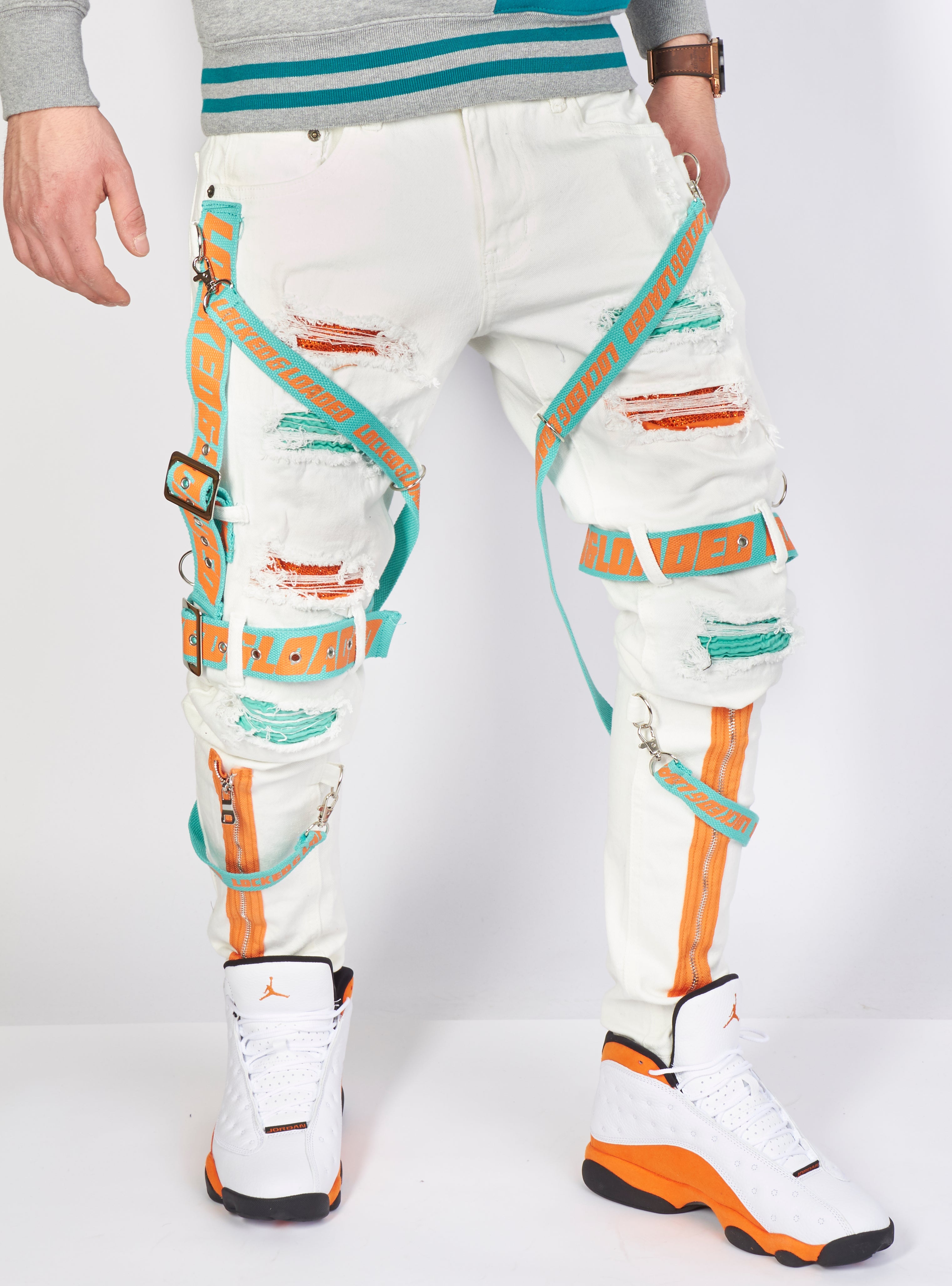 Jeans - Straps & Stones - White with Teal and Orange