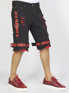 Shorts - Jet Black Denim With Red - Featuring Black / Red Straps - LDS421101