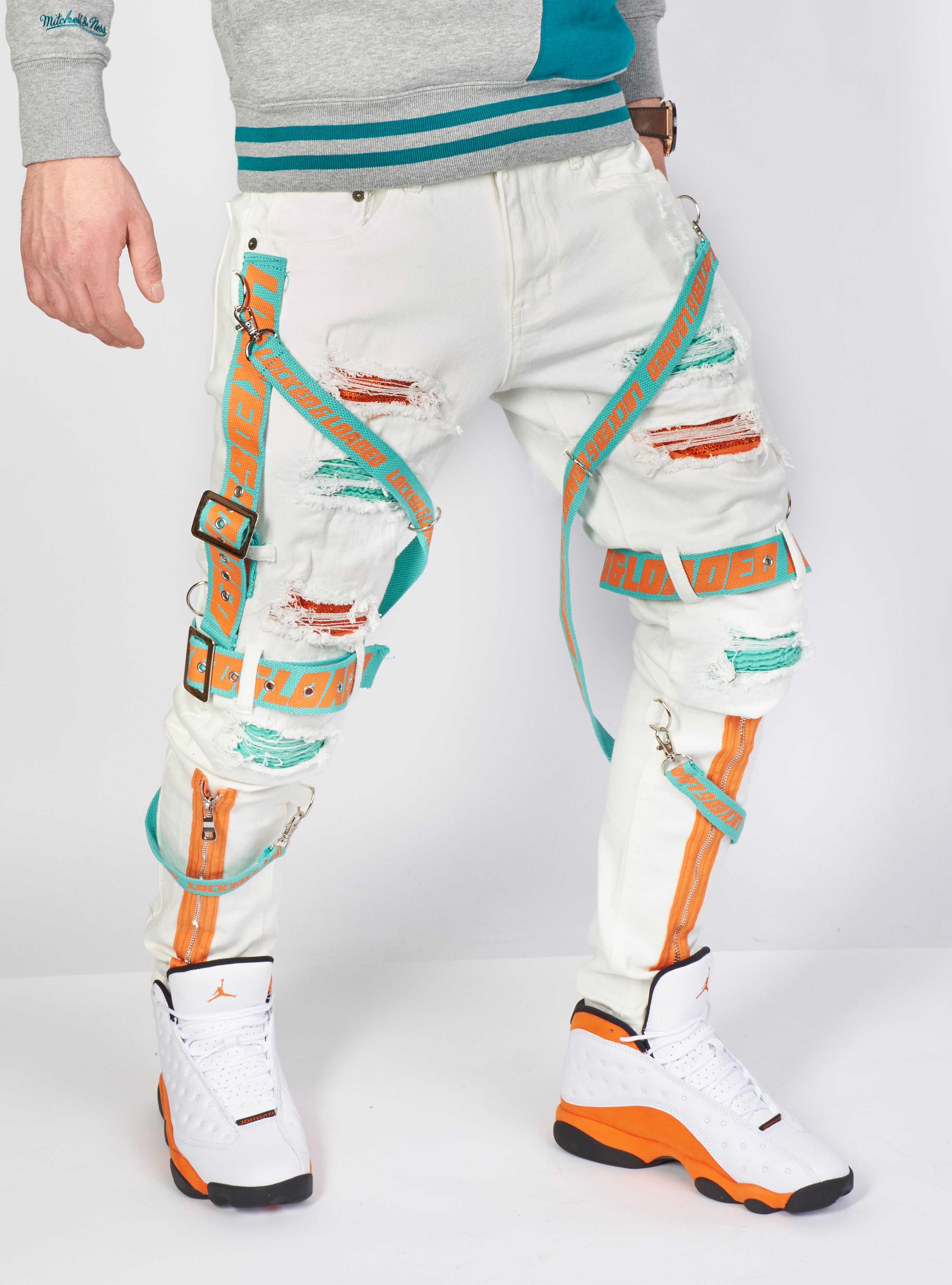 Jeans - Straps & Stones - White with Teal and Orange