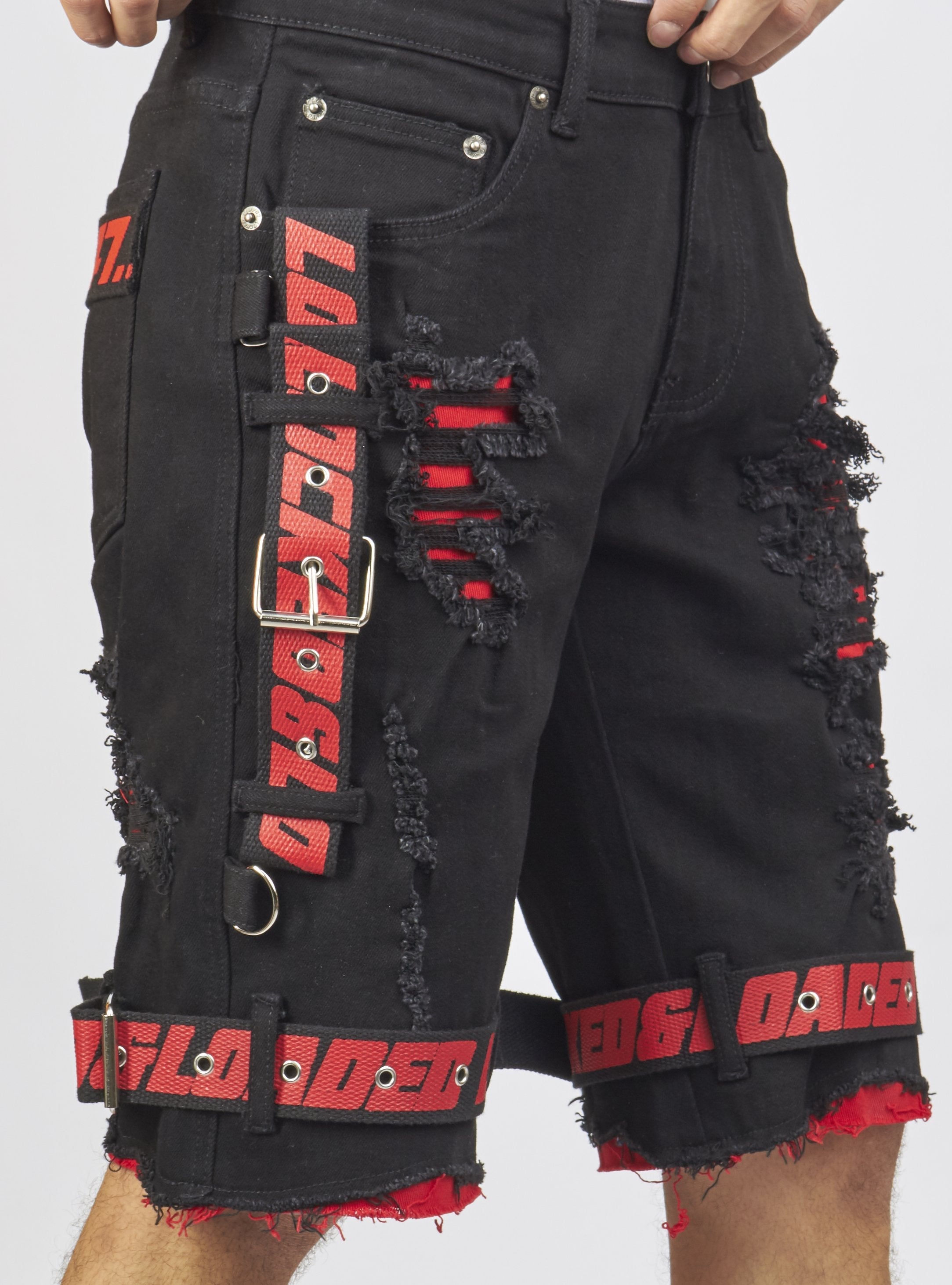 Shorts - Jet Black Denim With Red - Featuring Black / Red Straps - LDS421101