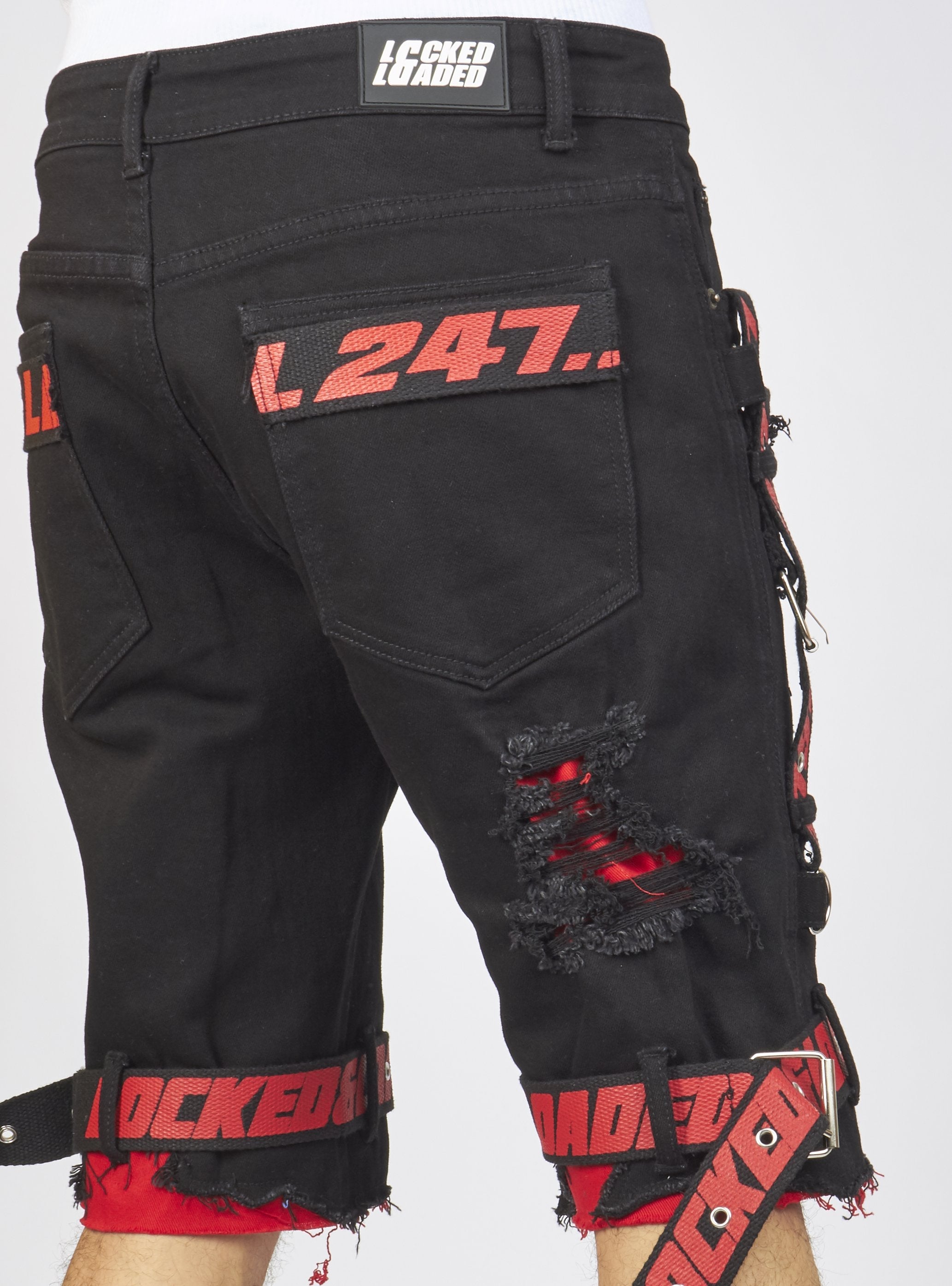 Shorts - Jet Black Denim With Red - Featuring Black / Red Straps - LDS421101