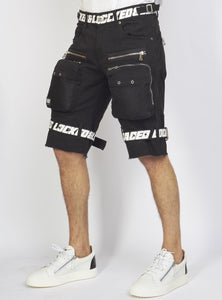 Shorts - Black Cotton Twill - Featuring 3D Cargo Pockets - Black / White Print - LDS421102