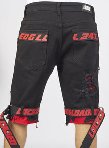 Shorts - Jet Black Denim With Red - Featuring Black / Red Straps - LDS421101