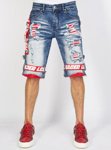 Shorts - Strapped Denim - Medium Blue with Red and White - LDS421101