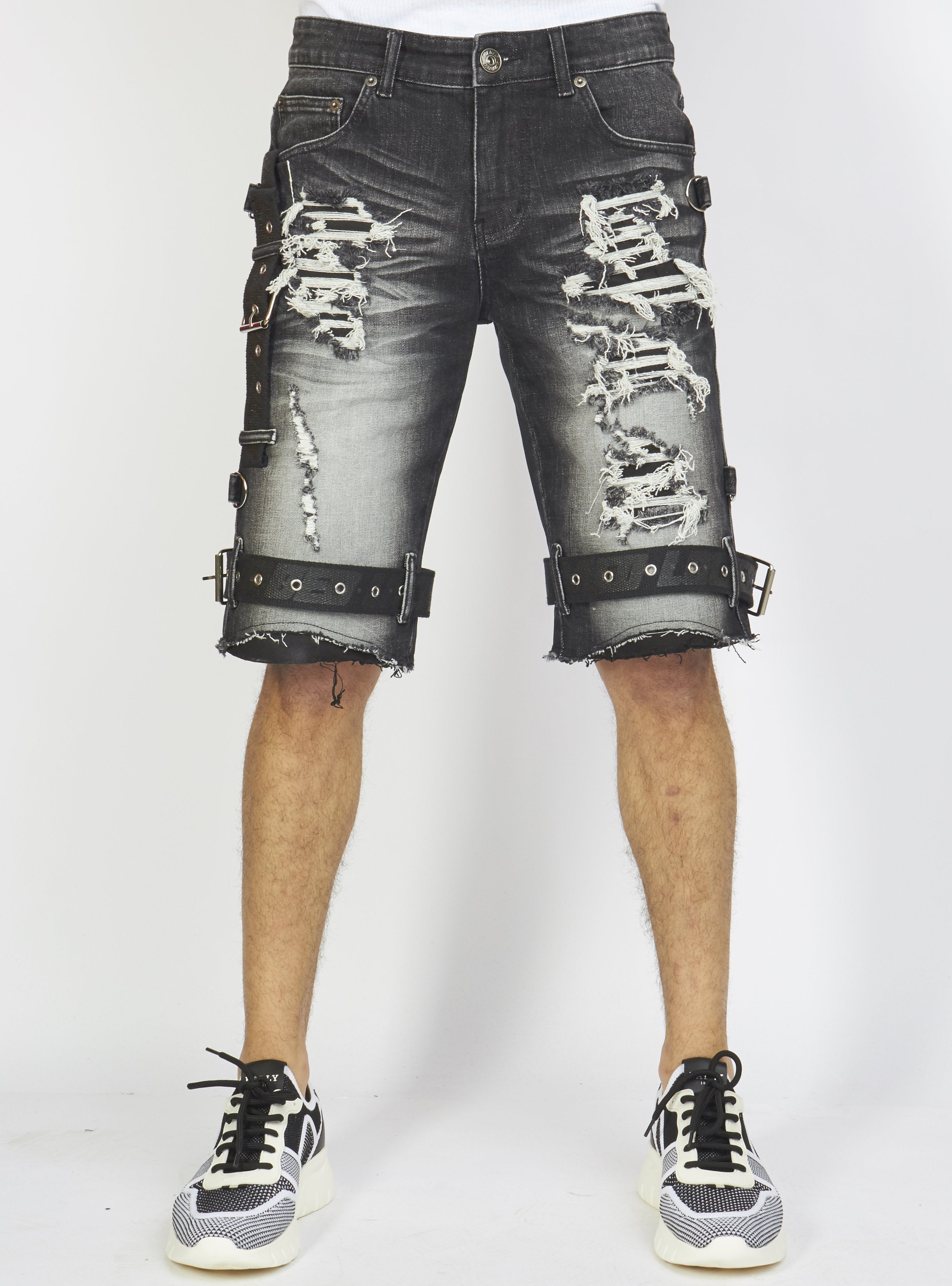 Shorts - Black Stone Wash Denim - Featuring Black/Black Straps - LDS421101