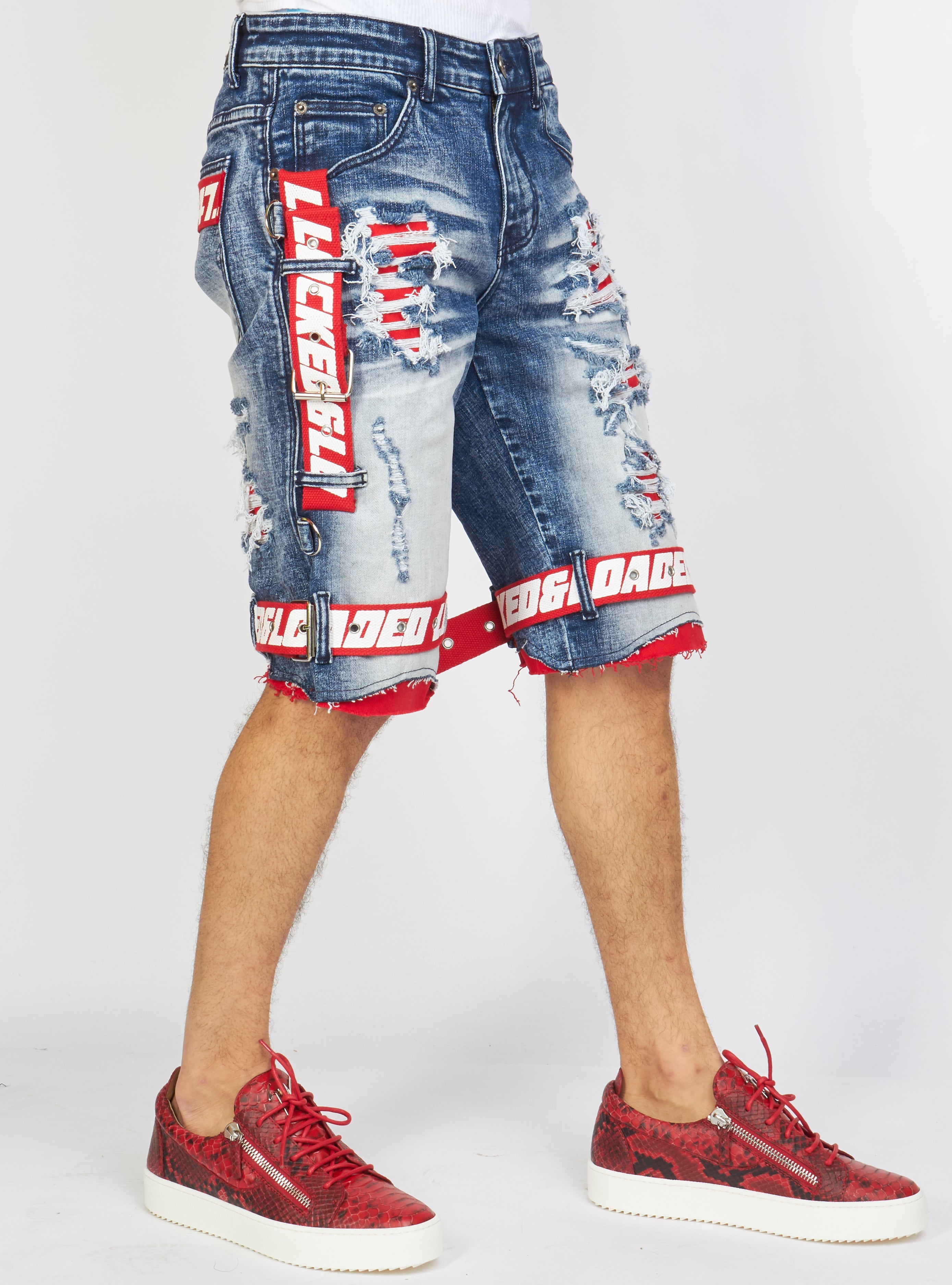 Shorts - Strapped Denim - Medium Blue with Red and White - LDS421101