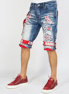 Shorts - Strapped Denim - Medium Blue with Red and White - LDS421101