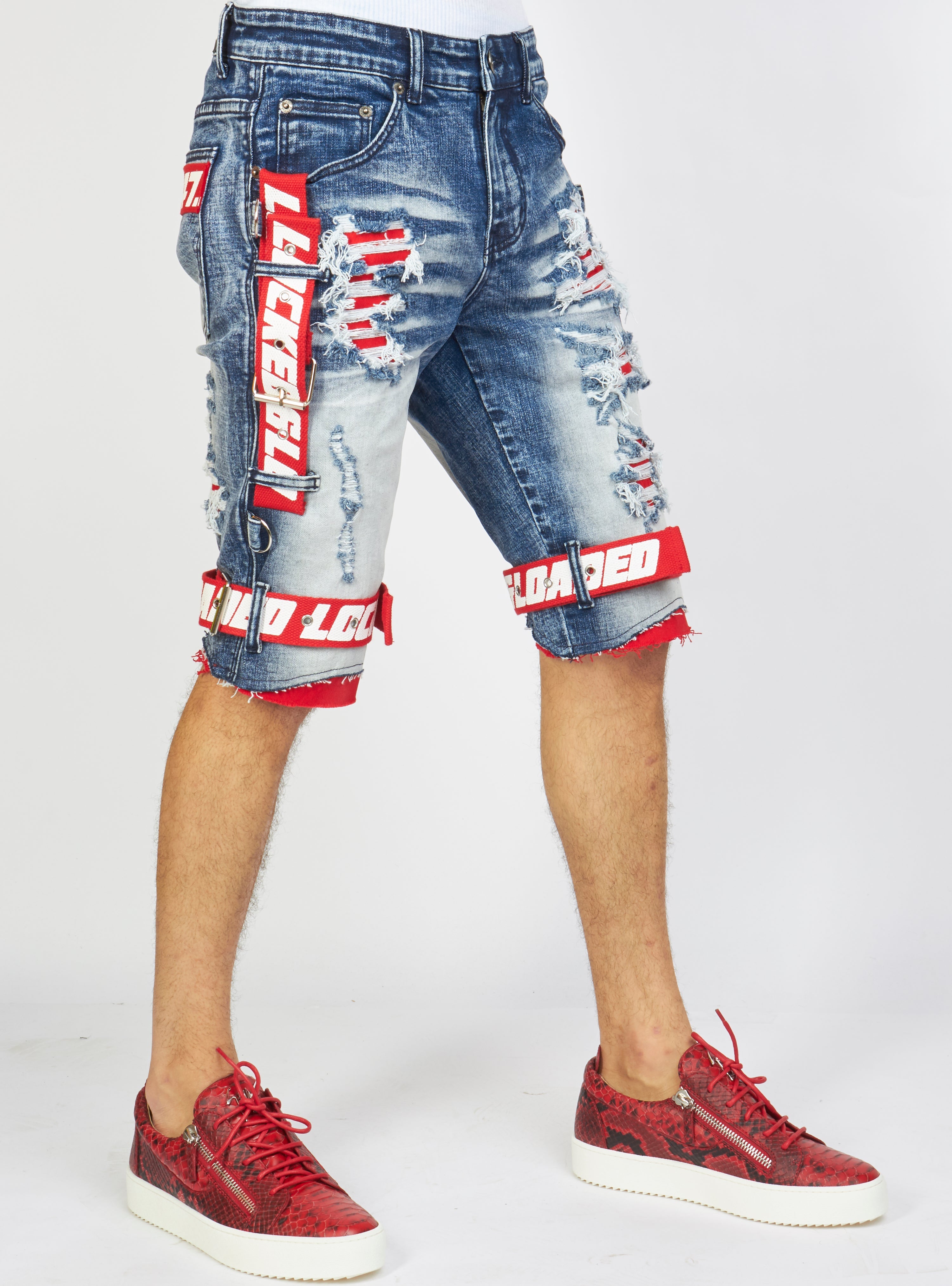 Shorts - Strapped Denim - Medium Blue with Red and White - LDS421101