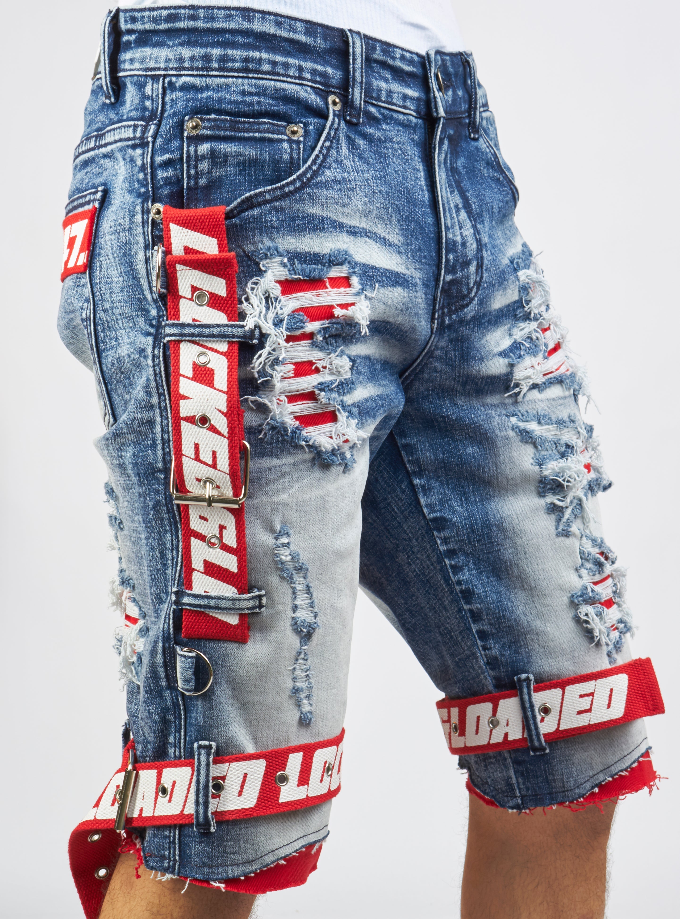 Shorts - Strapped Denim - Medium Blue with Red and White - LDS421101