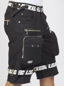 Shorts - Black Cotton Twill - Featuring 3D Cargo Pockets - Black / White Print - LDS421102