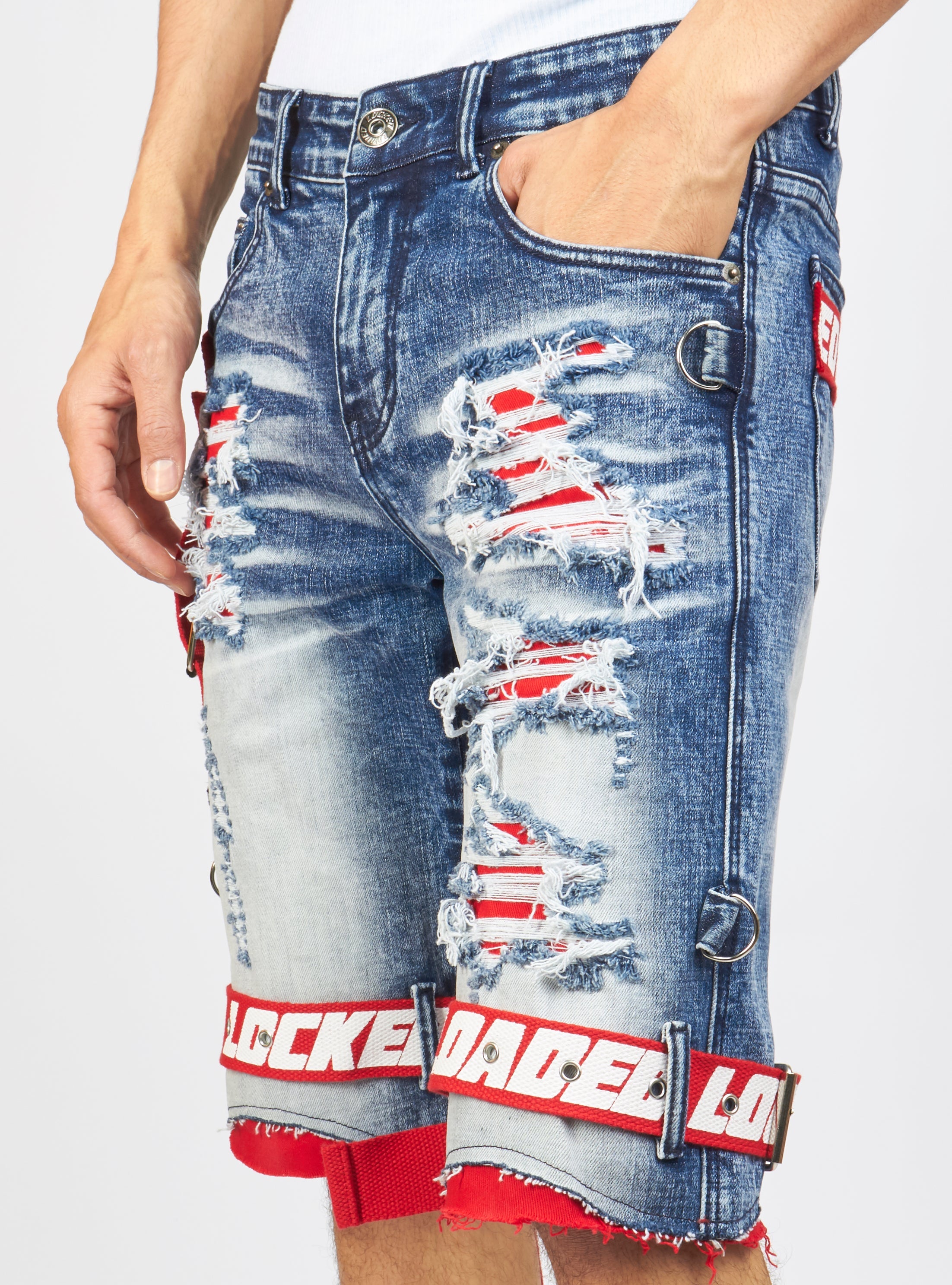 Shorts - Strapped Denim - Medium Blue with Red and White - LDS421101