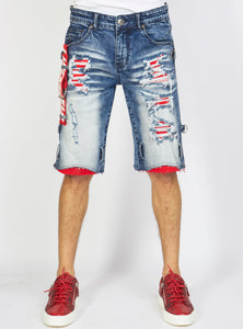 Shorts - Strapped Denim - Medium Blue with Red and White - LDS421101